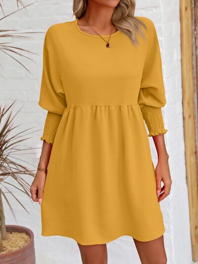 Round Neck Lantern Sleeve Mini Dress Mustard