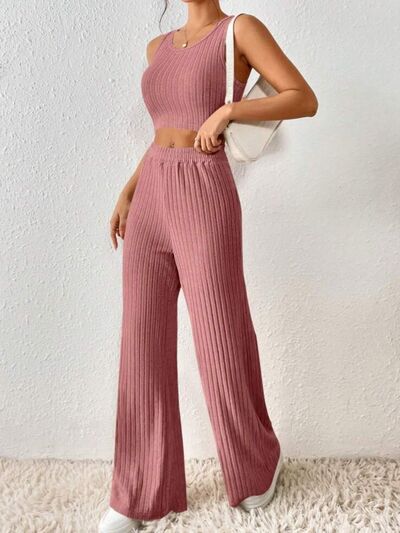 Ribbed Round Neck Tank and Pants Sweater Set Light Mauve