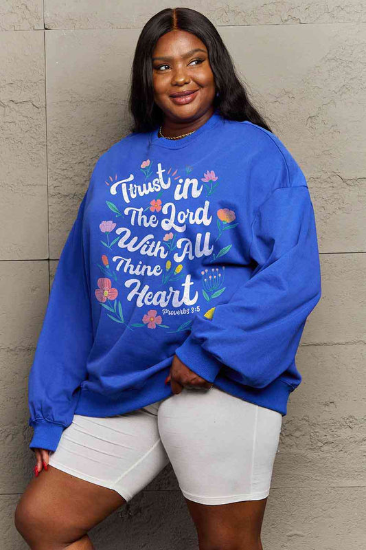 Simply Love Full Size Flower Slogan Graphic Sweatshirt Royal Blue