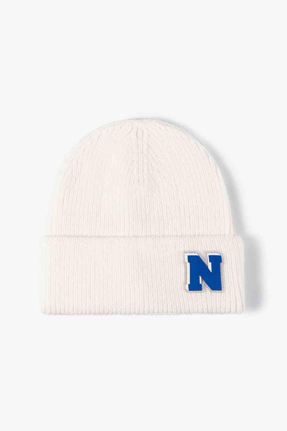 Letter N Patch Cuffed Knit Beanie White One Size