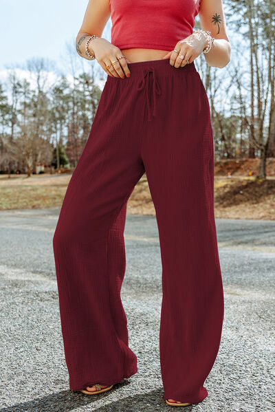 Texture Tied Wide Leg Pants Wine