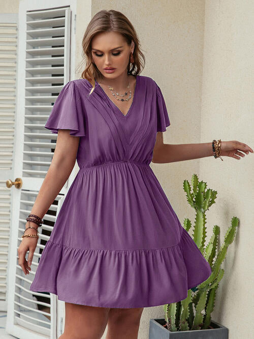 Double Take Plus Size Ruffle Hem V-Neck Short Sleeve Dress Dusty Purple