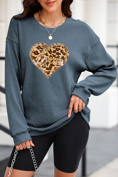 Heart Leopard Sequin Round Neck Sweatshirt French Blue