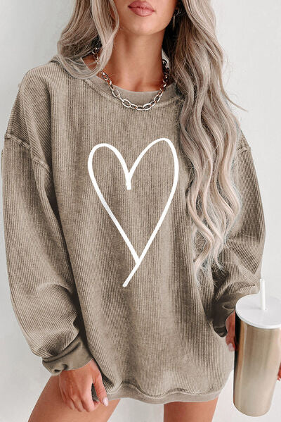 Heart Round Neck Dropped Shoulder Sweatshirt Dust Storm