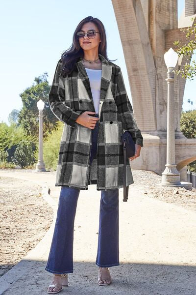 Double Take Full Size Plaid Button Up Lapel Collar Coat Black