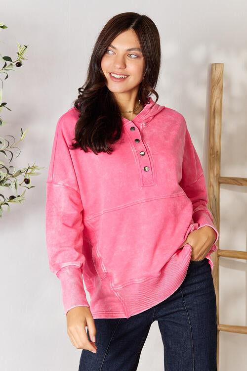 Zenana Half Snap Long Sleeve Hoodie with Pockets Fuchsia