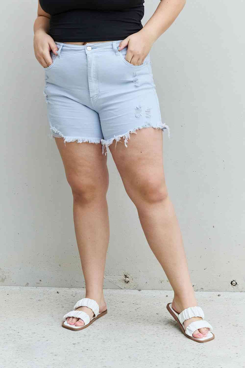 RISEN Katie Full Size High Waisted Distressed Shorts in Ice Blue Light