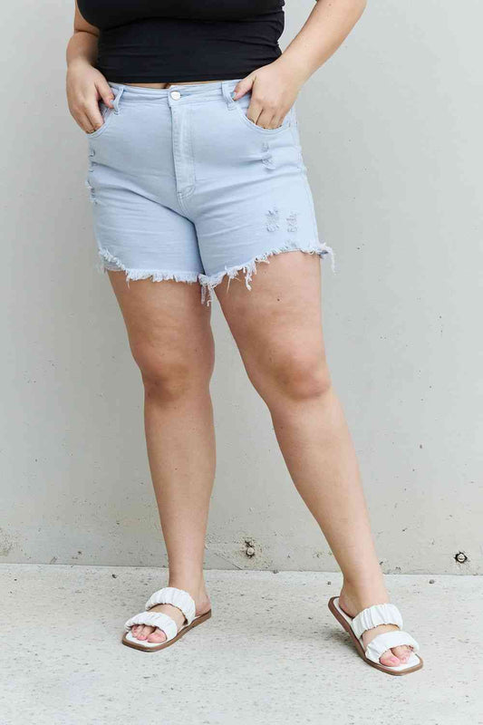 RISEN Katie Full Size High Waisted Distressed Shorts in Ice Blue Light