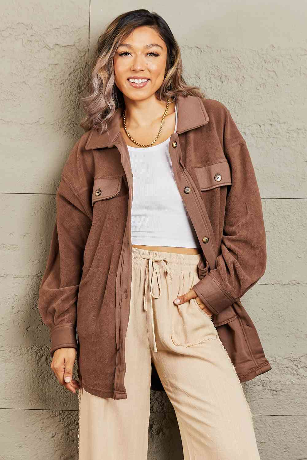 Heimish Cozy Girl Full Size Button Down Shacket Coffee Brown