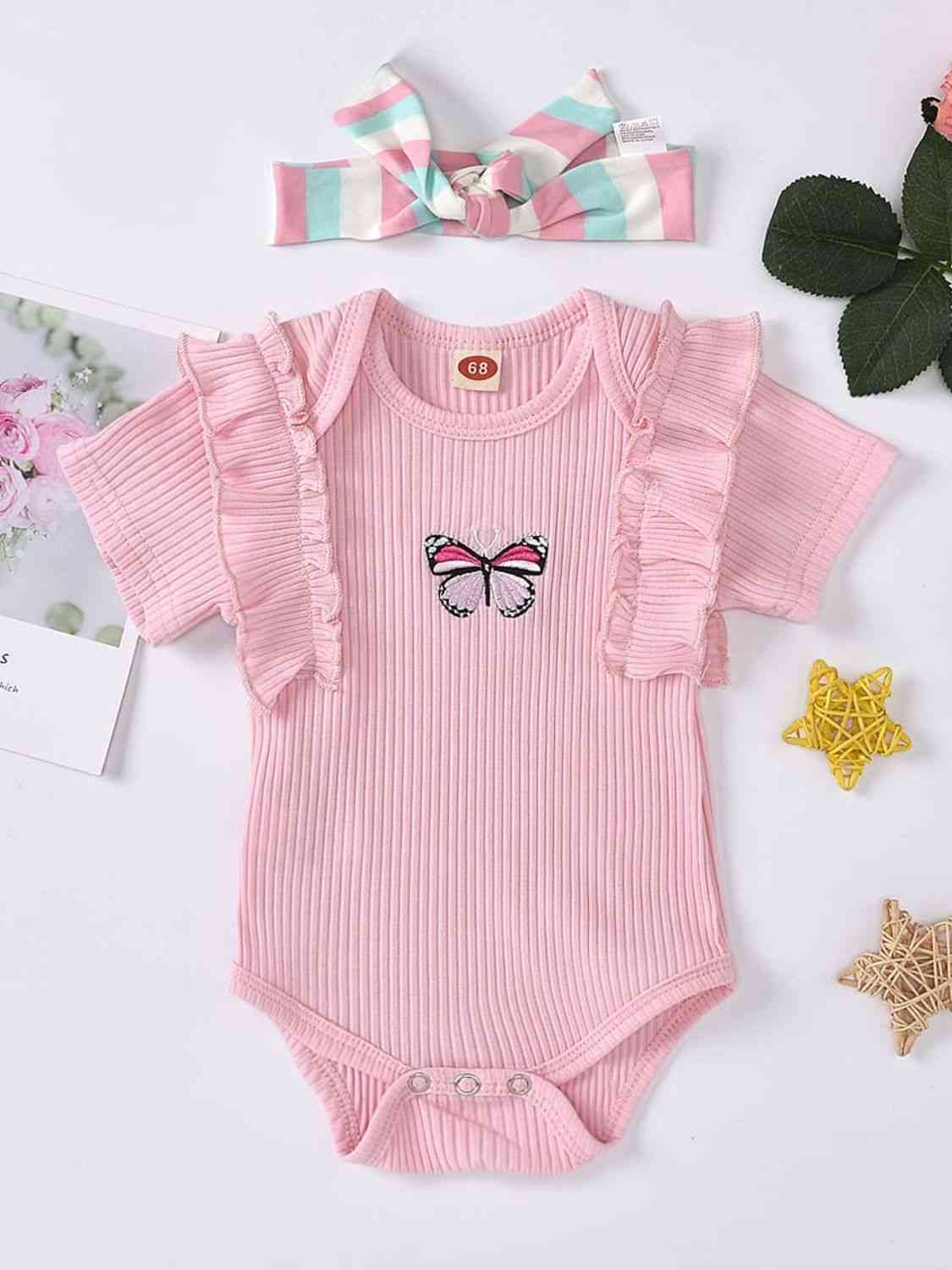 Baby Girl Embroidered Butterfly Graphic Ruffled Bodysuit Blush Pink