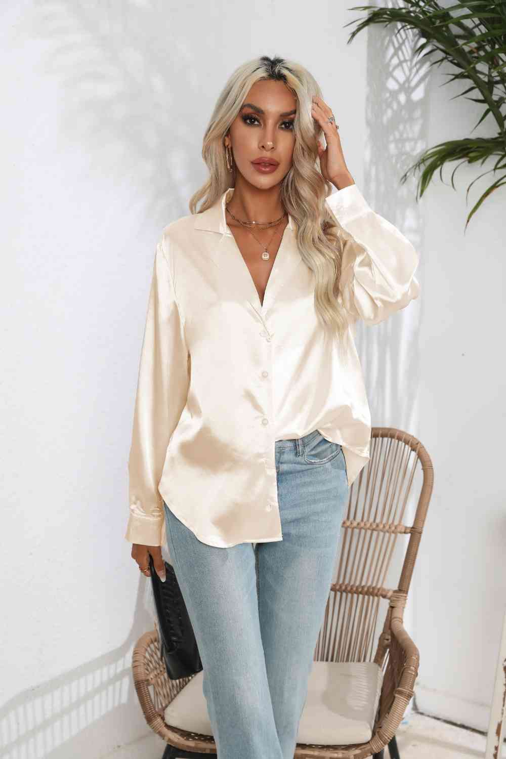 Lapel Collar Button Up Long Sleeve Shirt Sand