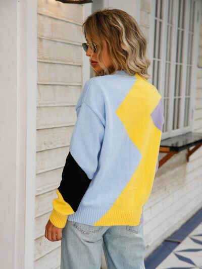 Color Block Round Neck Dropped Shoulder Sweater