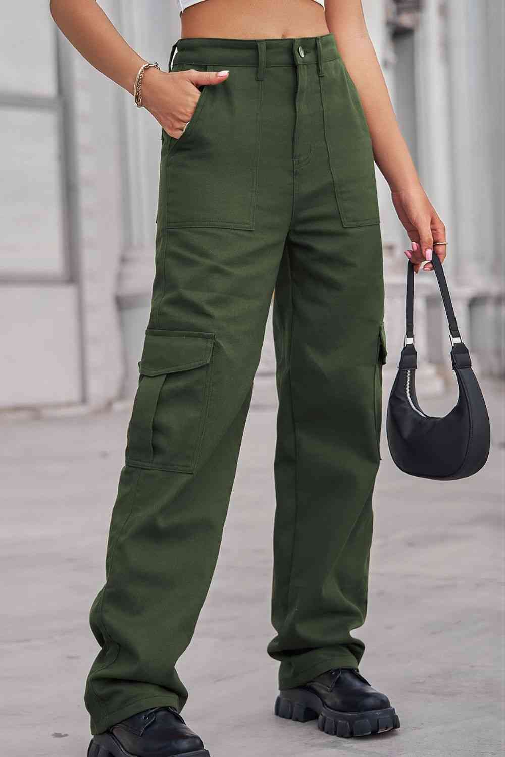 Baeful Long Straight Leg Jeans with Pockets Army Green