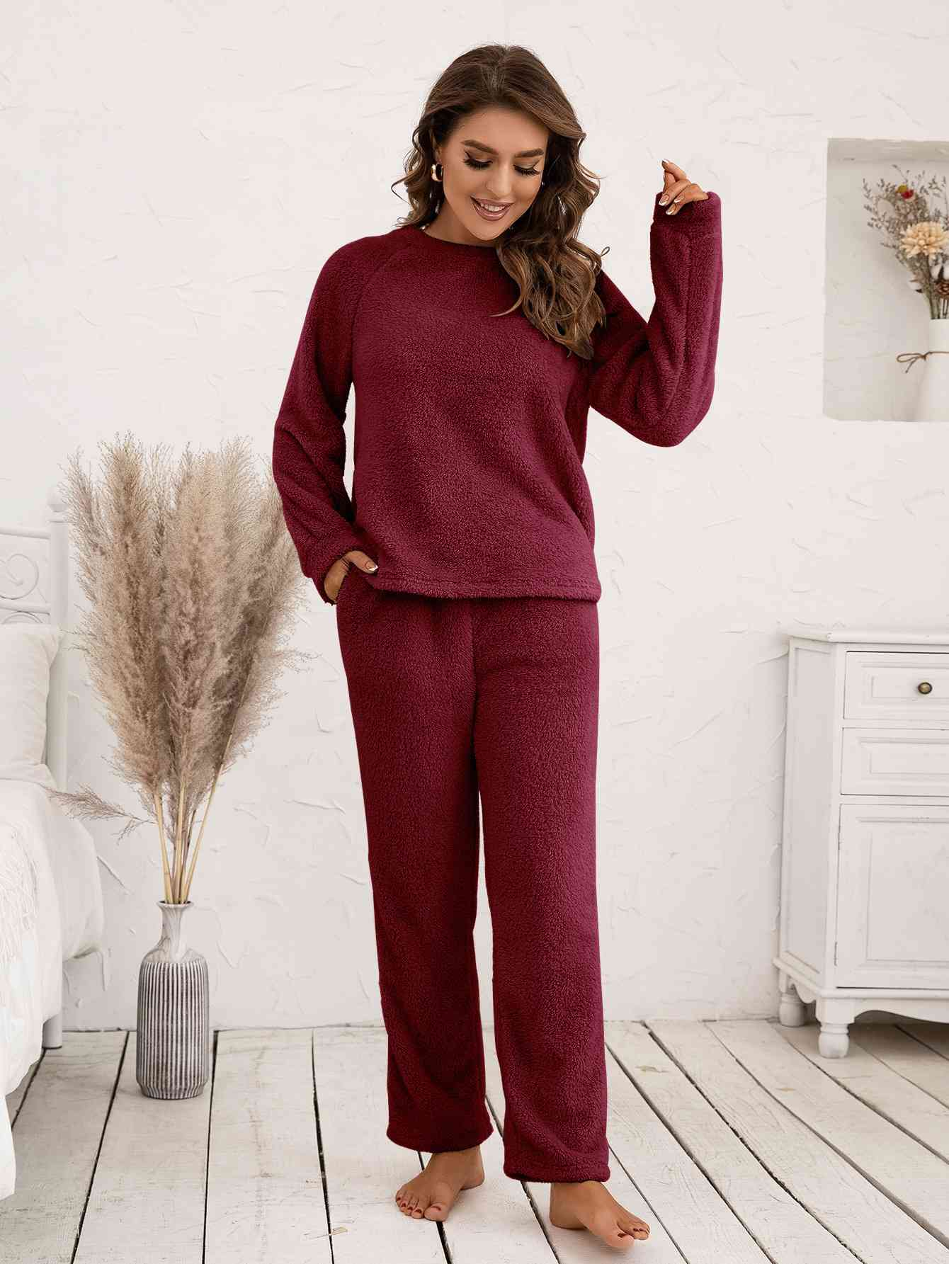 Teddy Long Sleeve Top and Pants Lounge Set Wine