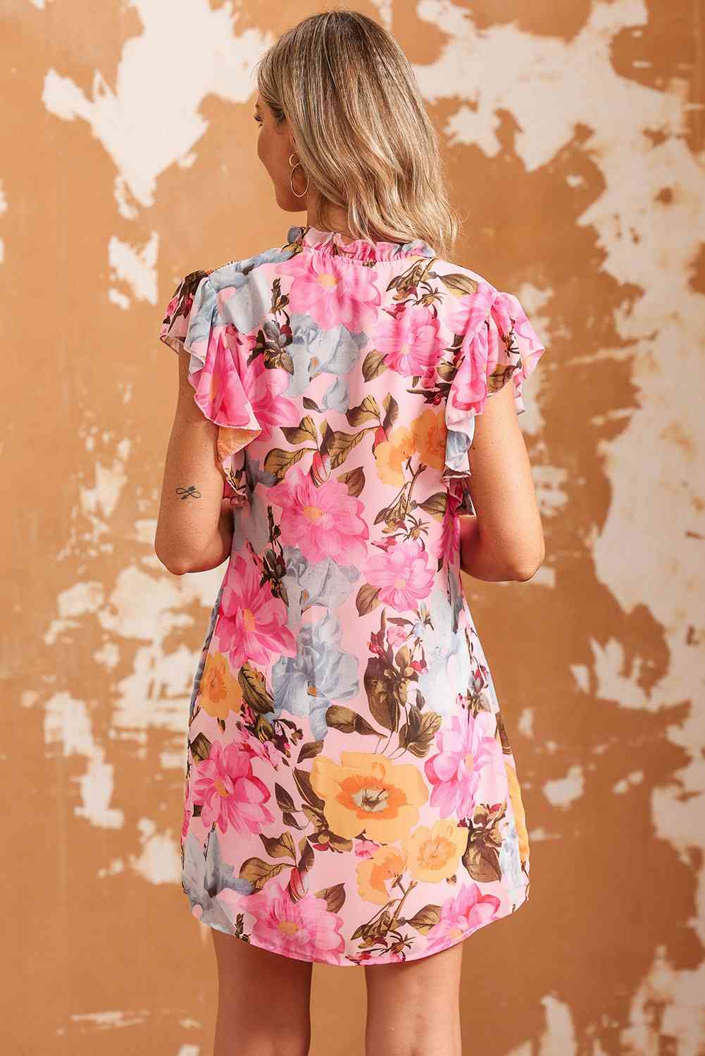 Floral Tie Neck Flutter Sleeve Dress