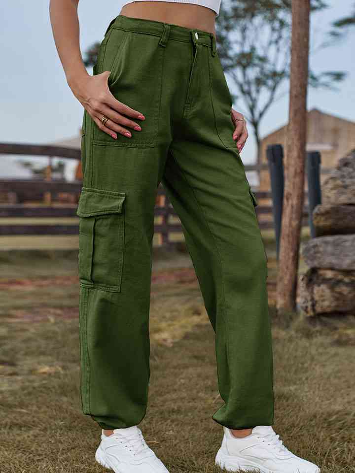 High Waist Jeans with Pockets Army Green