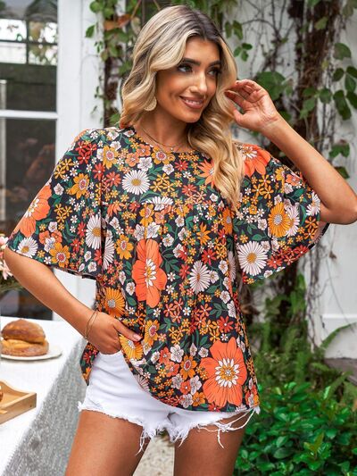 Printed Round Neck Half Sleeve Blouse Multicolor