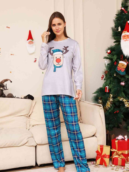 Full Size Rudolph Graphic Long Sleeve Top and Plaid Pants Set Azure
