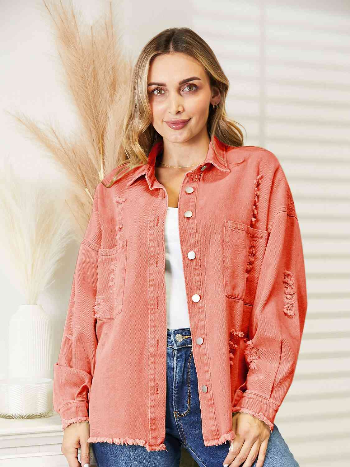 Distressed Raw Hem Denim Jacket Red Orange