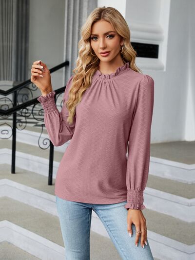 Frill Mock Neck Lantern Sleeve Blouse Light Mauve