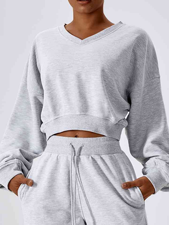 V-Neck Dropped Shoulder Sports Sweatshirt Light Gray