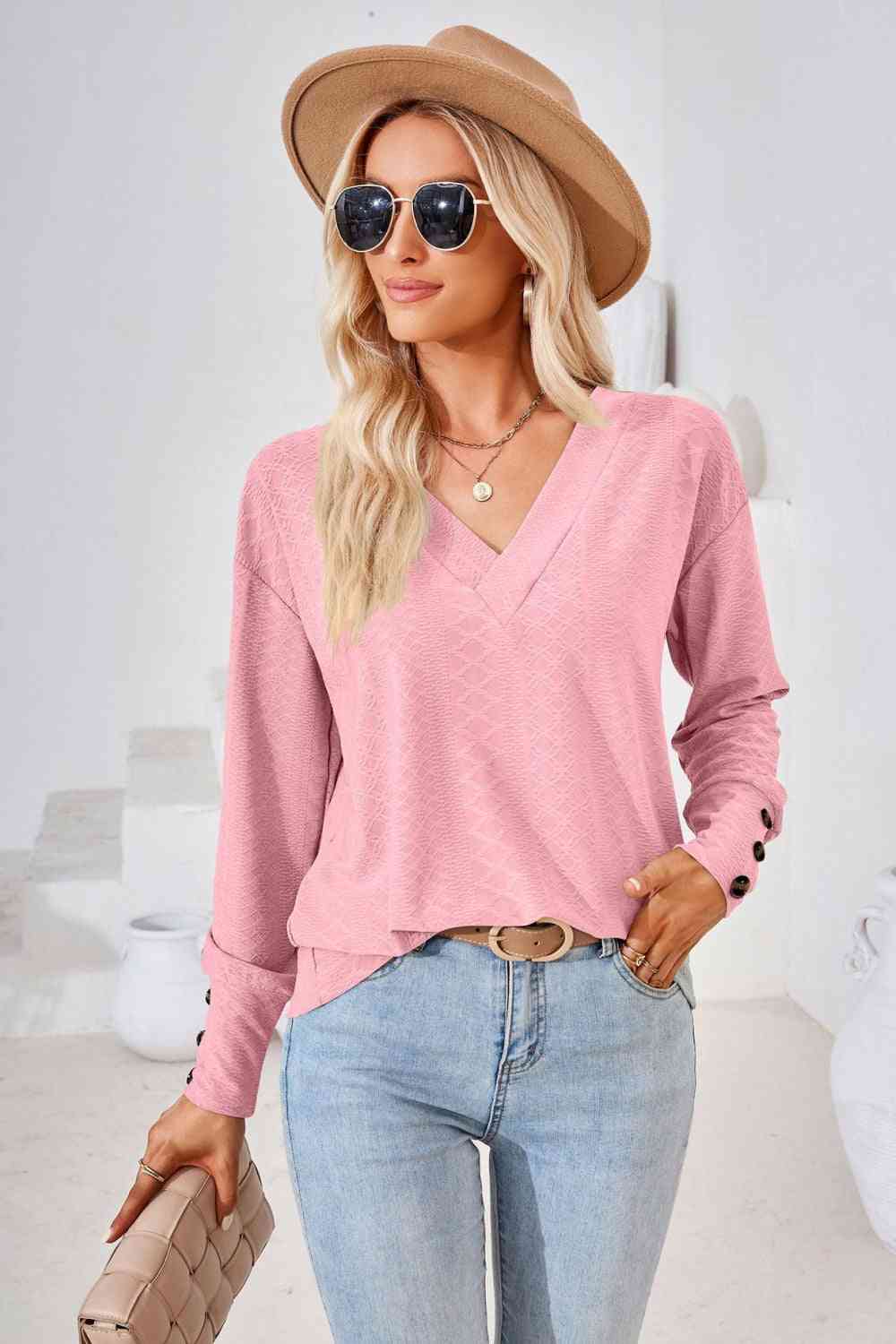 V-Neck Long Sleeve Blouse Blush Pink