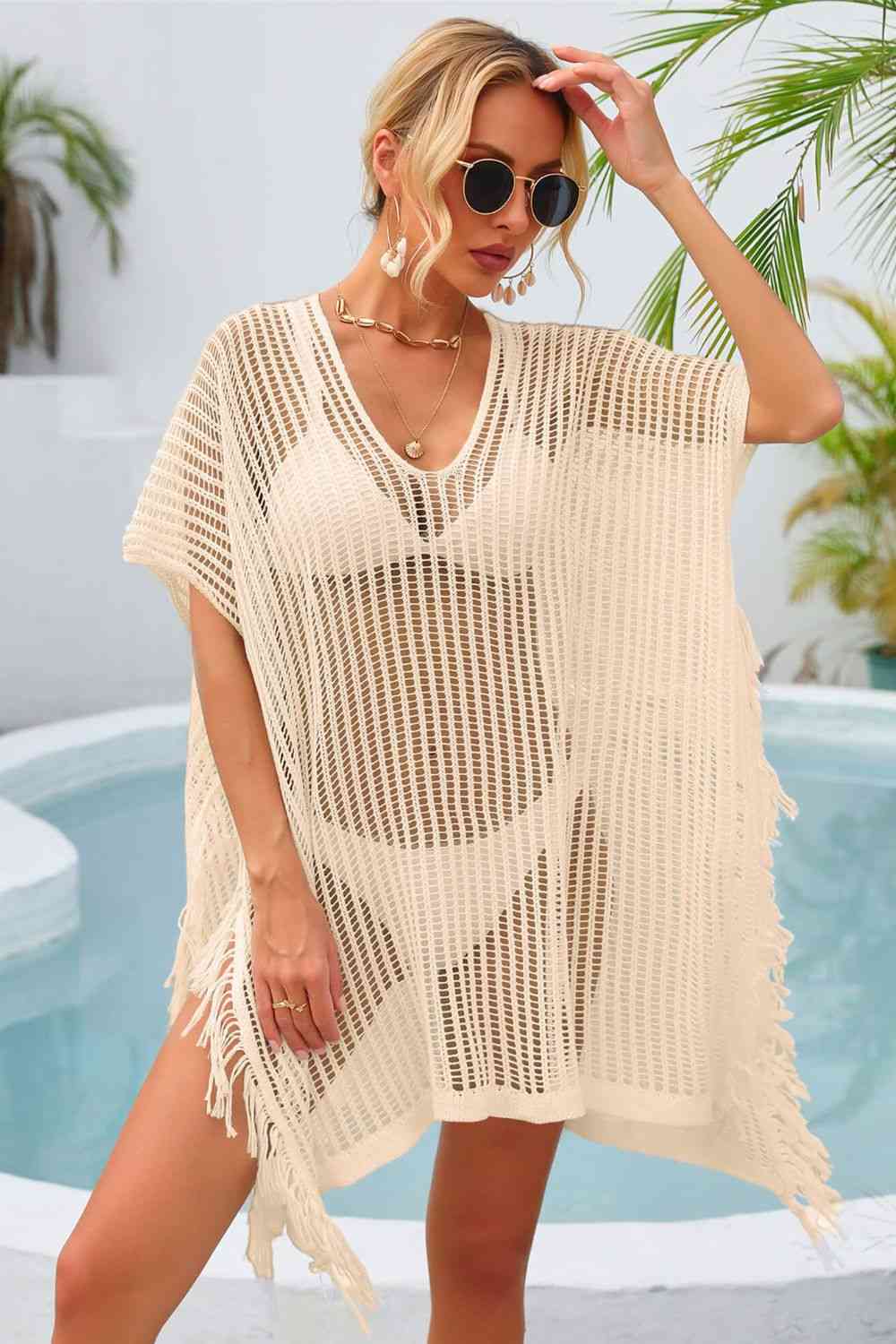 Fringe Trim Openwork Cover Up Light Apricot One Size