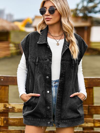 Button Up Collared Neck Sleeveless Denim Jacket Black