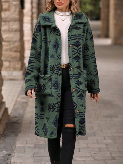 Geometric Pocketed Dropped Shoulder Coat Sage