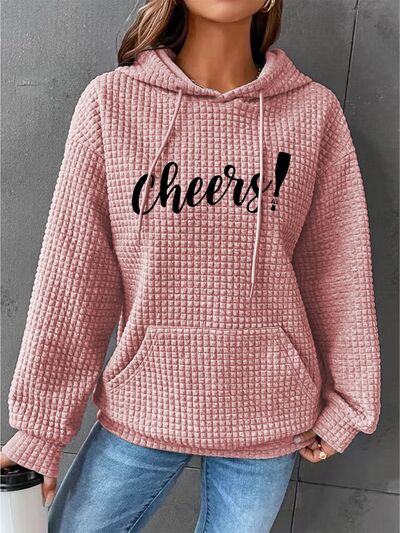 Full Size CHEERS Waffle-Knit Drawstring Hoodie Blush Pink