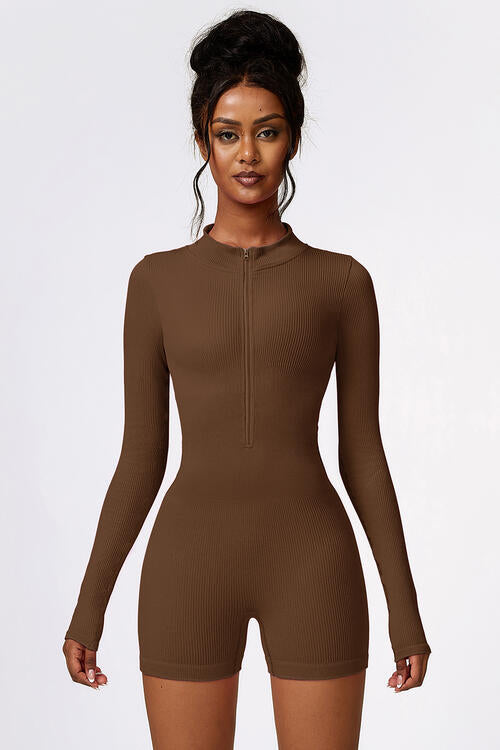 Half Zip Long Sleeve Active Romper Chestnut