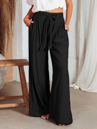 Drawstring Pocketed Wide Leg Pants Black