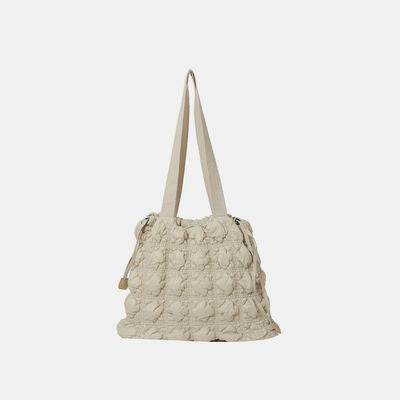 Drawstring Quilted Shoulder Bag Beige One Size