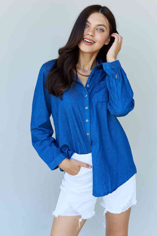 Doublju Blue Jean Baby Denim Button Down Shirt Top in Dark Blue Dark Blue