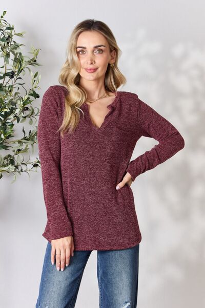 Heimish Full Size Notched Long Sleeve Top Burgundy