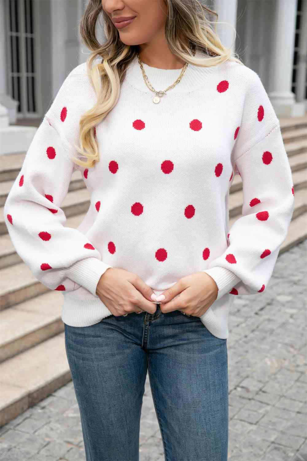 Woven Right Polka Dot Round Neck Dropped Shoulder Sweater White