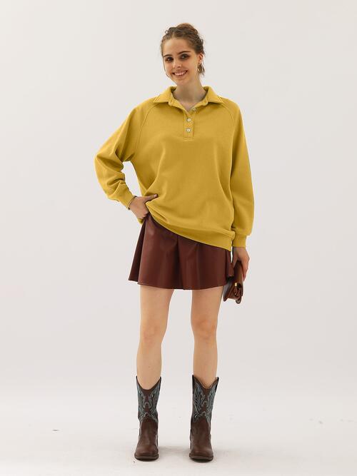 Ninexis Full Size Quarter-Button Collared Sweatshirt Banana Yellow