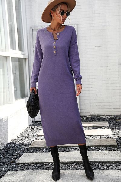 Decorative Button Notched Dropped Shoulder Sweater Dress Dusty Purple