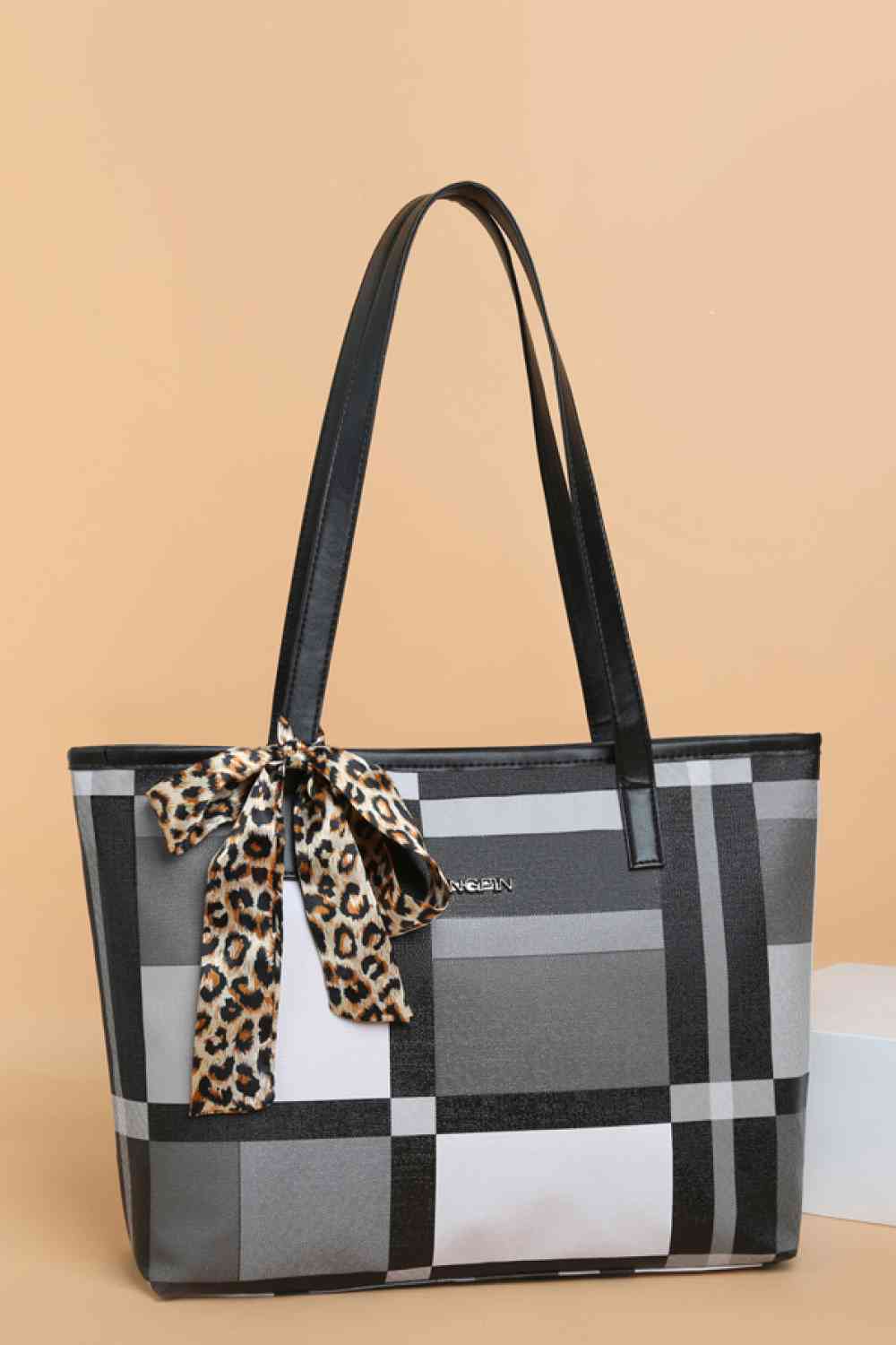 Adored Color Block Tie Detail PU Leather Tote Bag Dark Gray One Size