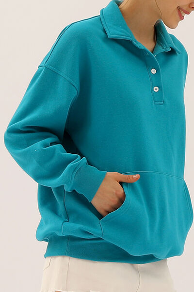 Ninexis Full Size Quarter-Button Collared Sweatshirt Teal