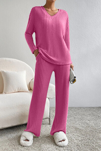 Ribbed V-Neck Top and Pants Set Hot Pink