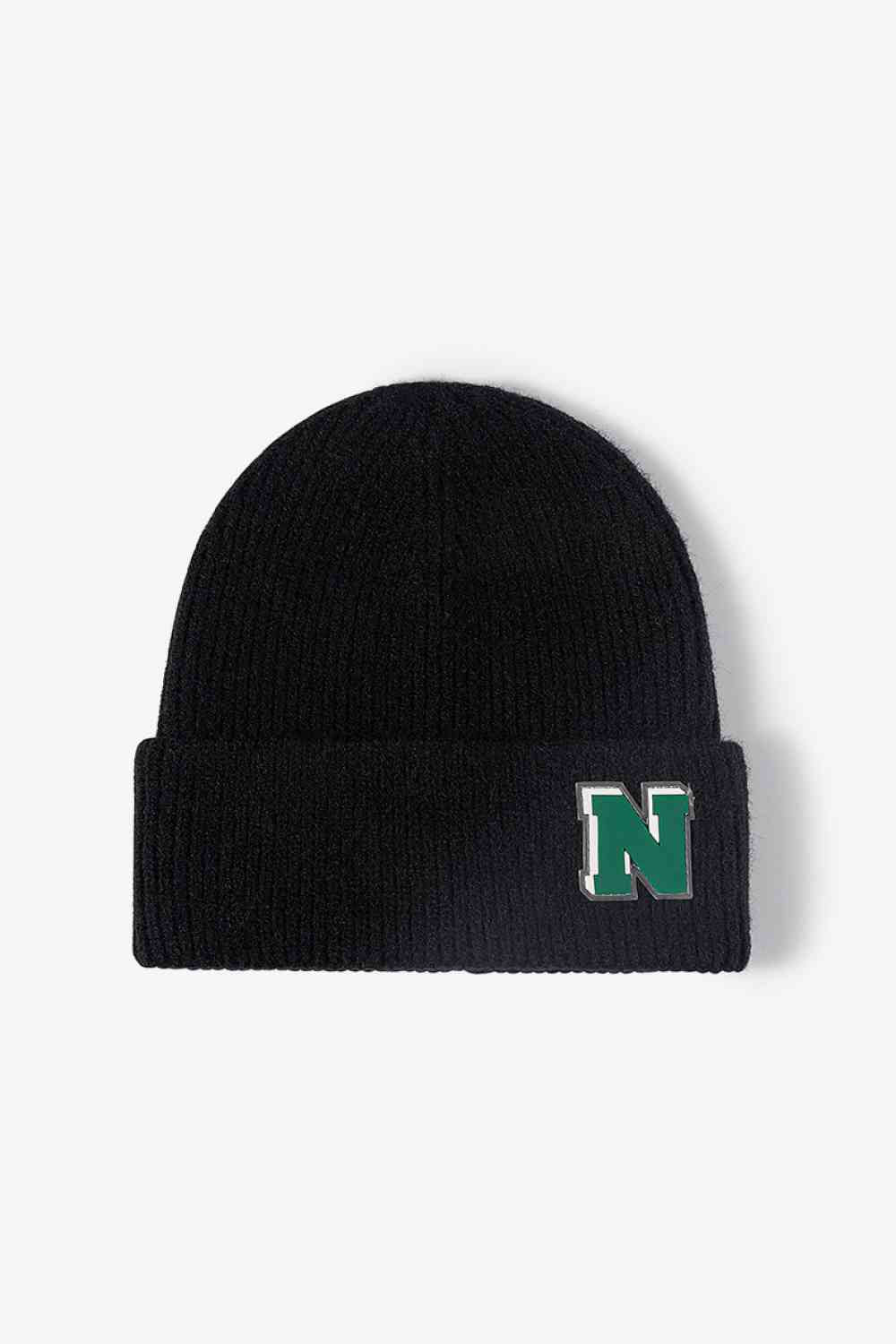 Letter N Patch Cuffed Knit Beanie Black One Size