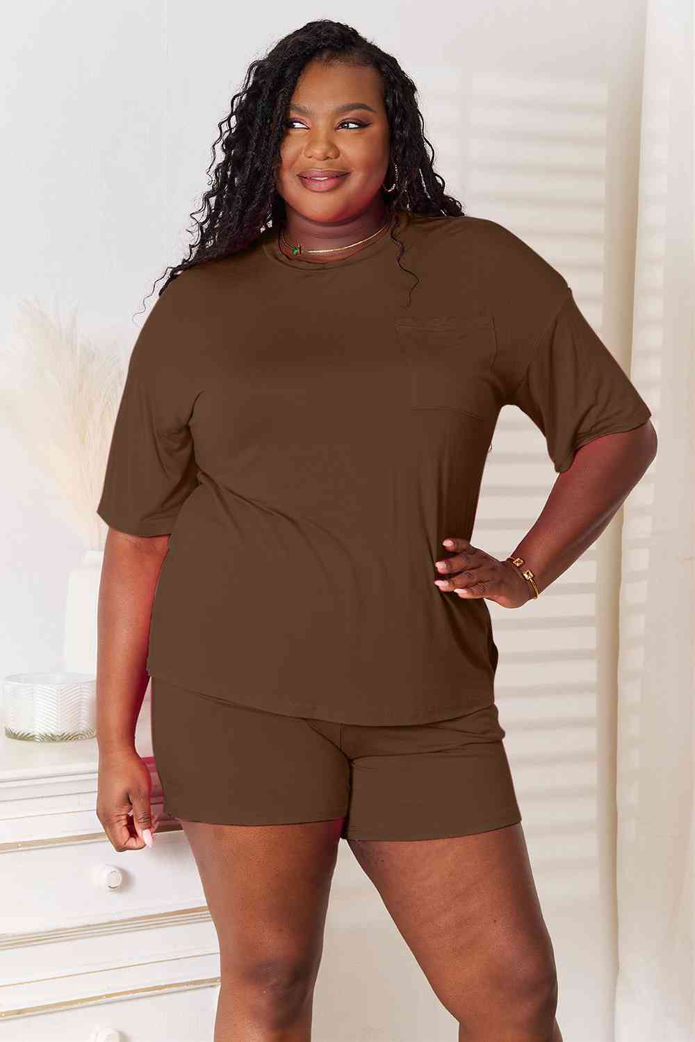 Basic Bae Full Size Soft Rayon Half Sleeve Top and Shorts Set Chocolate