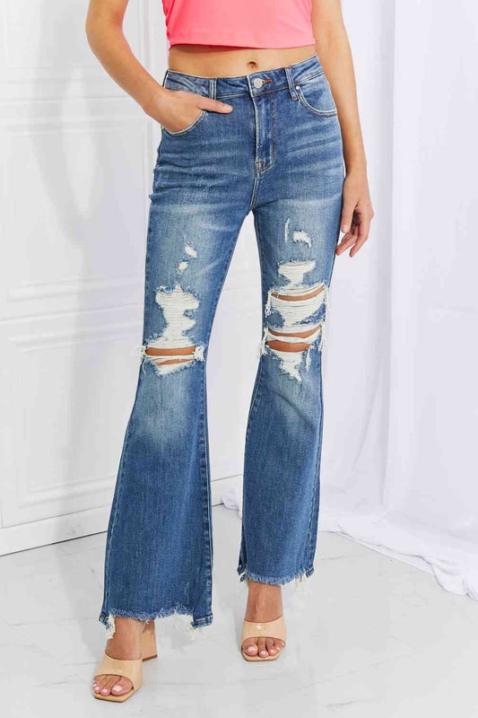 RISEN Full Size Hazel High Rise Distressed Flare Jeans Dark
