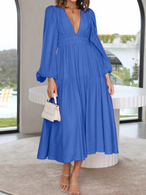 Deep V-Neck Balloon Sleeve Plain Maxi Dress Cobalt Blue