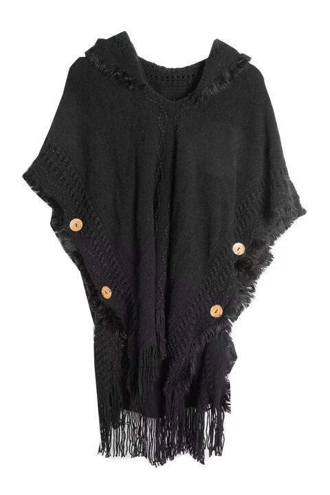 Fringe Hem Hooded Poncho Black One Size