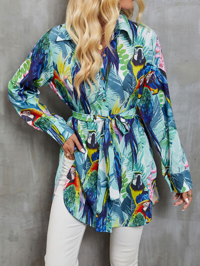 Slit Tied Printed Button Up Long Sleeve Shirt Azure