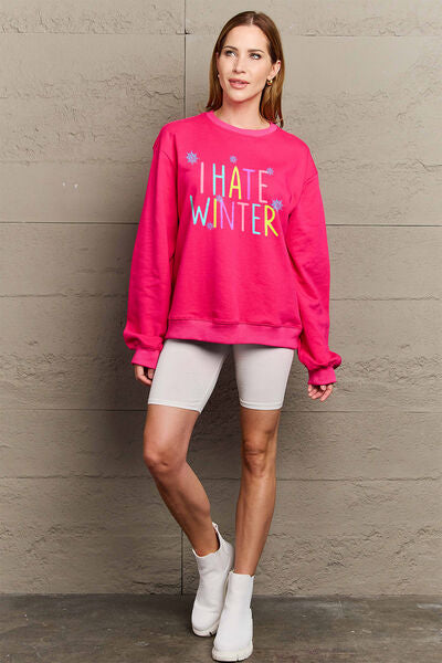 Simply Love Full Size I HATE WINTER Dropped Shoulder Sweatshirt Deep Rose