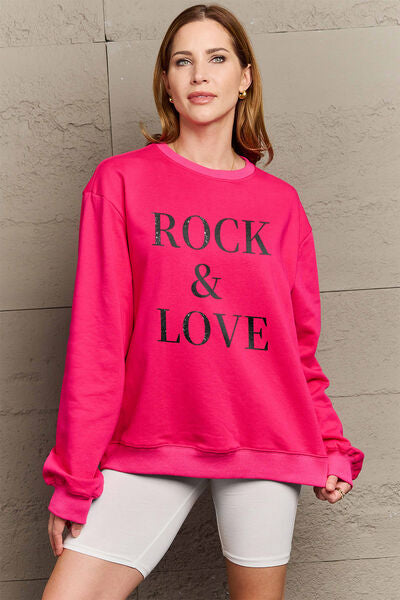 Simply Love Full Size ROCK ＆ LOVE Round Neck Sweatshirt Deep Rose