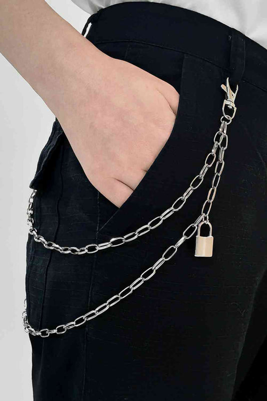 Double Layered Iron Chain Belt with Lock Charm Silver One Size